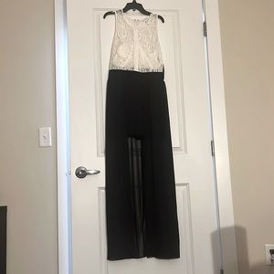 White and black lace detail romper with sheer overlay